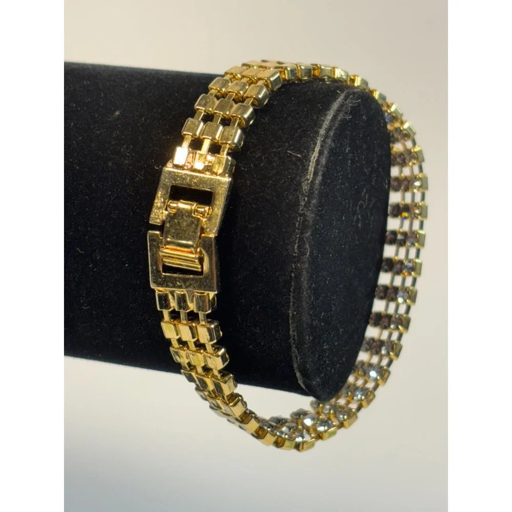 Vintage Gold Tone Bracelet Clear Rhinestone‎ Triple Row Elegant Jewelry